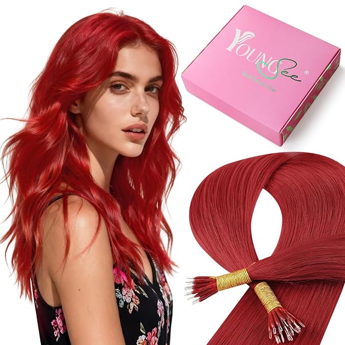 YoungSee Nano Hair Extensions Human Hair Red Long Hair Nano Ring Hair Extensions 24 Inch Nano-Beads Extension Human Hair Red Nanolink Hair-Extension Colored for Party 25g 25s