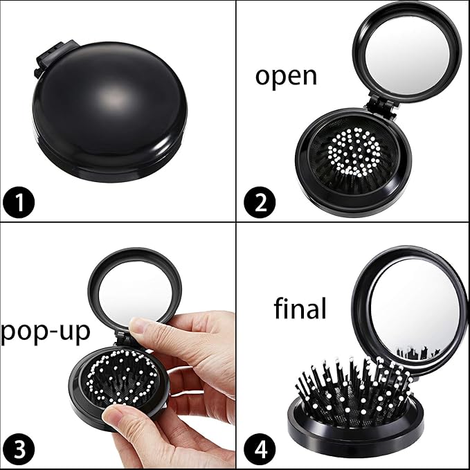 Boao 2 Pack Foldable Travel Mirror Hair Brushes Round Portable Folding Pocket Hair Brush Mini Comb Compact Travel Size Massage Comb for Men Women (Black, Purple)