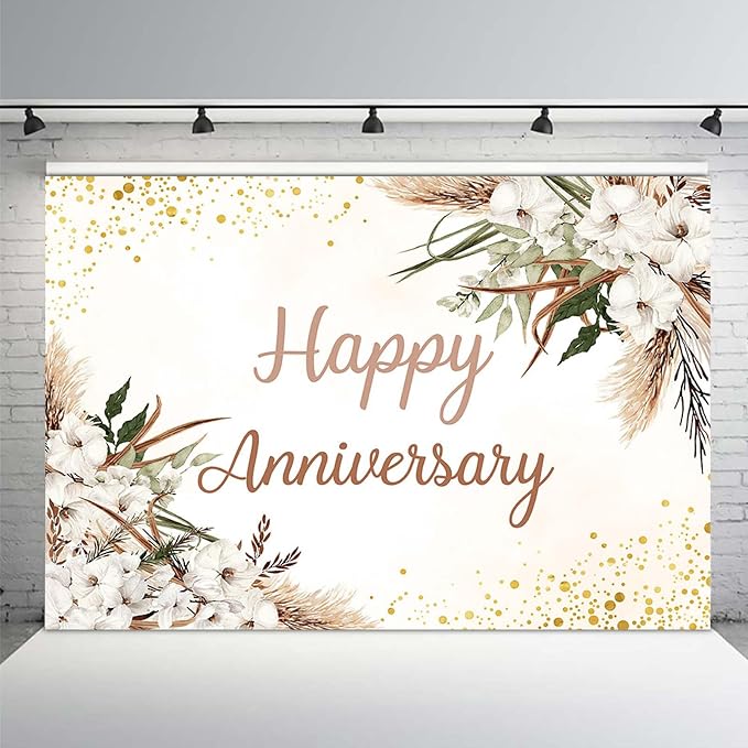 MEHOFOND Boho Happy Anniversary Backdrop White Floral Bohemia Pampas Grass - Image 2