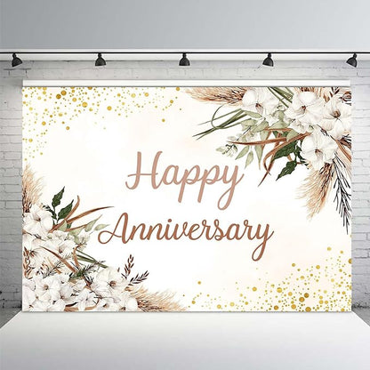MEHOFOND Boho Happy Anniversary Backdrop White Floral Bohemia Pampas Grass - Image 2