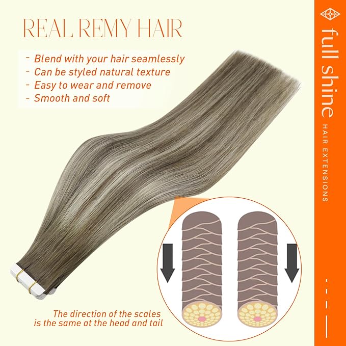 Full Shine Seamless Tape in Hair Extensions 7 Brown to 1000 Blonde and 7 Brown 12 Inch Hair Extensions Real Human Hair Balayage Hair Extensions Tape in 20 Pcs Short Seamless Remy 30G