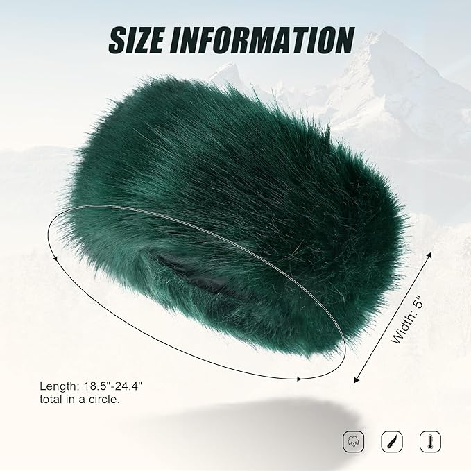 Faux Fur Headband for Women Elastic Fuzzy Thick Earmuffs Winter Headwrap Ear Muffs Furry Ear Warmers Cold Weather (Dark Green)
