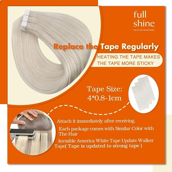 Full Shine Natural Tape in Hair Extensions Color 1000 Tape in Extensions Human Hair Double Sided Adhesive Invisible Extension 20Inch Long Skin Weft 100G 40Pcs for Party