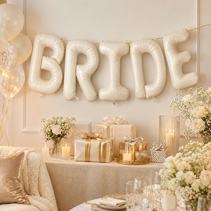 40 Inch Beige BRIDE Balloons, Cream White Sand Foil Letter Banner Sign - Image 6