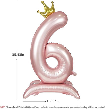 Pink Crown Number 6 Balloon Standing Pink Princess digital 6 Foil Balloon | - Image 2
