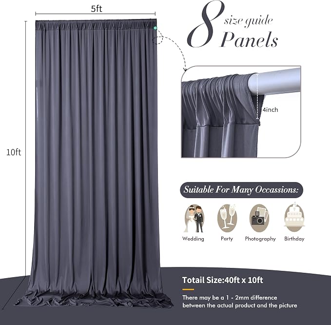 40 ft x 10 ft Wrinkle Free Charcoal Backdrop Curtain - Image 6