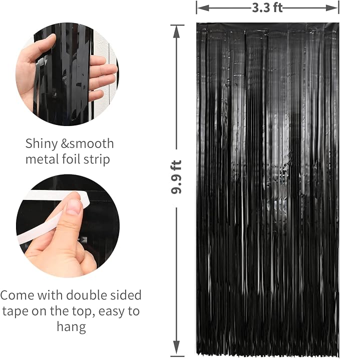 5 Pack 3.3 x 9.9 ft Black Fringe Backdrop Streamers Party Decorations | Foil - Image 2