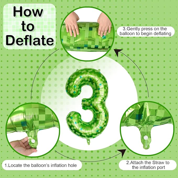 3rd Birthday Balloons for Boys, Large Lime Green Pixel Number 3 Balloon - Image 9