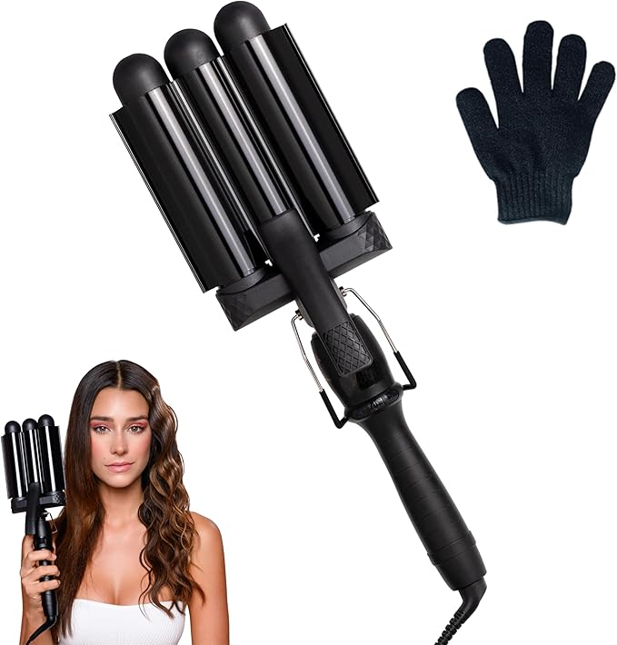 Mermade PRO Hair Waver 1.25" - 3 Barrel Curling Iron 1 1/4 Inch, Ceramic Barrel Waver for Thick, Thin, Long, or Short Hair - 1.25", Black
