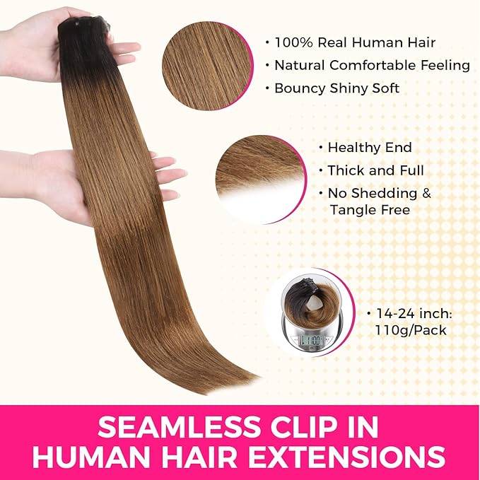 Lashey Light Yaki Straight Seamless Clip in Hair Extensions Human Hair 110g 7pcs Ombre Natural Black to Medium Auburn Hair Extensions Real Human Hair 20 Inch Long Human Hair Extensions for Women