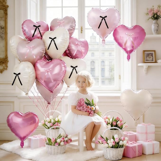 Pink White Heart Balloons with Ribbon Bow, 18 Inch Helium Balloon with Bow Decor - Image 5