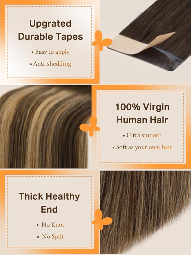 DOORES Tape-in Hair Extensions, Chocolate Brown to Caramel Blonde, 26 Inch, 60g, 20pcs, Long Straight Human Hair