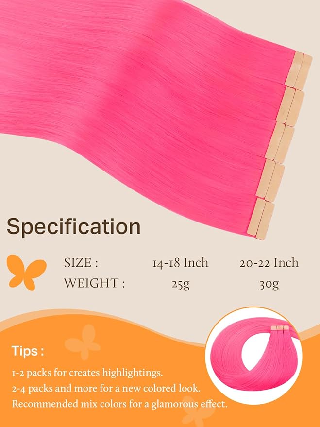 DOORES Hair Extensions Human Hair Tape in, Hot Pink 14 Inch 25g 10pcs, Tape in Human Hair Extensions Remy Straight Hair Double Side Tape Remy Human Hair Extensions