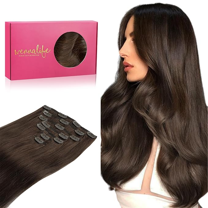 WENNALIFE Clip in Hair Extensions Real Human Hair, 20 Inch 120g 7pcs Chocolate Brown Hair Extensions Clip in Human Hair Remy Clip in Hair Extensions Real Human Hair Double Weft