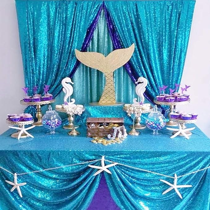 ShinyBeauty Sequin Curtain Turquoise 4FTx8FT Photo Backdrop - Image 2