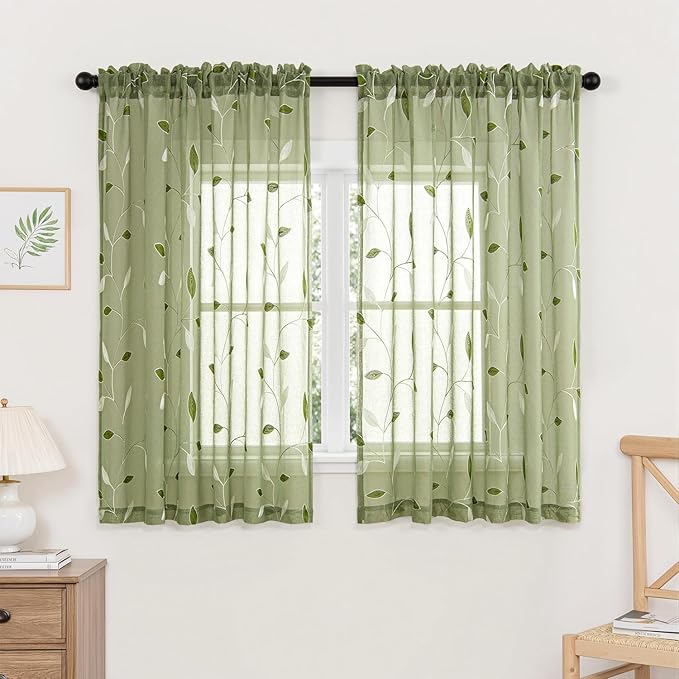 MIULEE Sage Green Sheer Curtains 2 Panels Leaf Patterned, W52 x L45 | by MIULEE