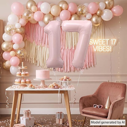 Soft Pink Number 17 Balloon 40 Inch, Pastel Foil Digits Theme Party Supplies - Image 7