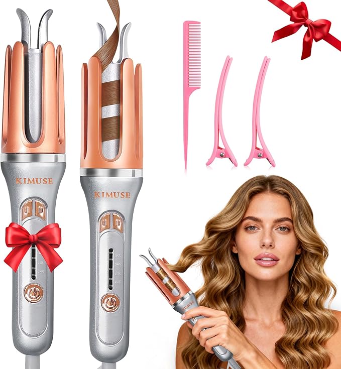 KIMUSE Automatic Rotating Curling Iron, 1.25 Inch - 4 Temp, Fast Heating, 2-Way Rotation, Anti-Scald & Tangle-Free, 30Min Auto Shut-Off, Dual Voltage for Travel, for All Hair Types & Beginners
