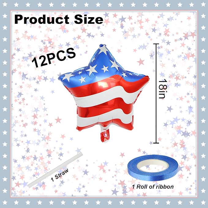12 Pcs 4th of July Balloons American Flag Star Balloons Red White and Blue Foil - Image 2