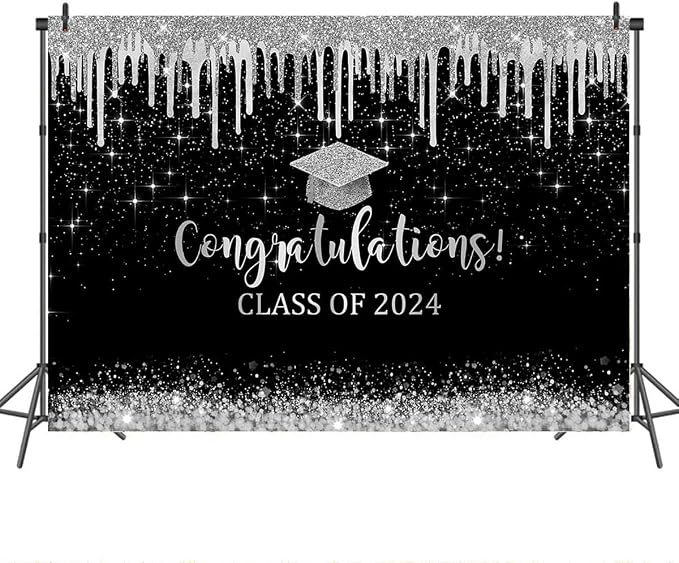 Mocsicka Black and Sliver Graduation Backdrop Congratulations Class of 2024 - Image 2