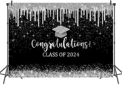 Mocsicka Black and Sliver Graduation Backdrop Congratulations Class of 2024 - Image 2