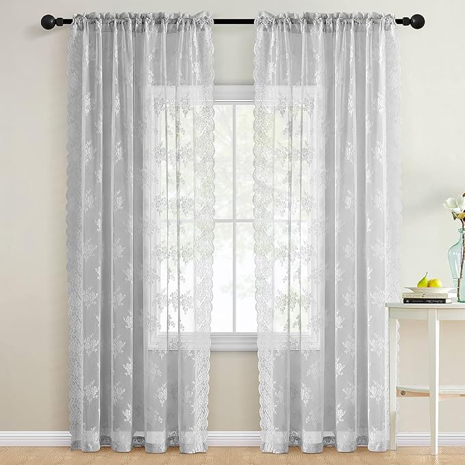 Kotile Grey Lace Curtains 84 Inch Length 2 Panels Set - Image 2