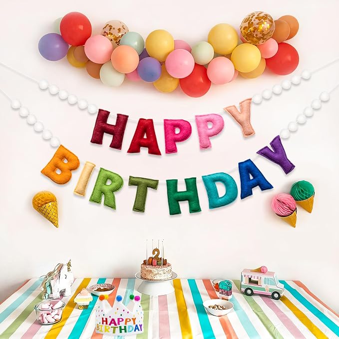 2Pcs Pre-Strung 3D Soft Wool Felt Happy Birthday Banner, Felt Ball Garland | - Image 2