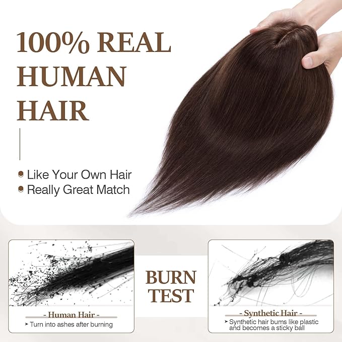 Rich Choices Hair Toppers for Women Real Human Hair NO Bangs 100% Human Remy Toppers for Women with Thinning Hairs on Top Clip in Hairpiece 4"x4.7" Large Lace Base 16 Inch #2 Dark Brown