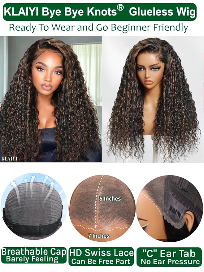 KLAIYI Golden Brown Water Wave Bye Bye Knots Glueless Wig Human Hair Highlight 7x5 Precut Lace Front Pre Plucked Bleached Ombre 3S Ready to Wear Go Beginners Wig with Dark Roots Deep Curly Wave 20Inch