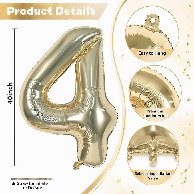 40 Inch Champagne Gold Number Balloon 4, Large Self Inflating Light Gold Foil 4 - Image 2