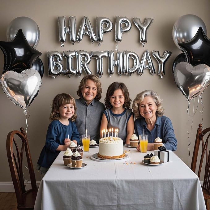 27 Pcs Silver Black Birthday Decorations, 3D Letters Silver Happy Birthday - Image 3