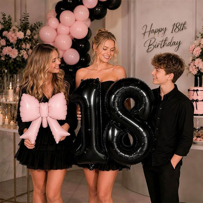 40 Inch Black Number 9 with Pink Bow Balloon, Giant Self Inflating Black Foil - Image 5