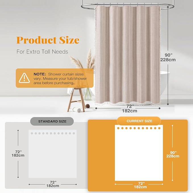 72 x 90 Boho Linen Heavy Duty Cloth Shower Curtain Set, Tan/Taupe | Extra Long - Image 3