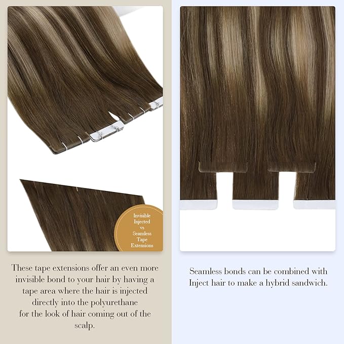 Full Shine Injection Tape in Hair Extensions 5Pcs 20 Inch Seamless Skin Weft Tape in Extensions Color 4 Brown Fading to 27 Blonde And 4 Brown Virgin Hair Extensions Real Remy Human Hair 12.5 Gram