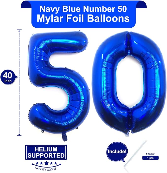 40 Inch Navy Blue 50 Number Balloons Giant Jumbo Huge 50 Foil Mylar Helium - Image 2