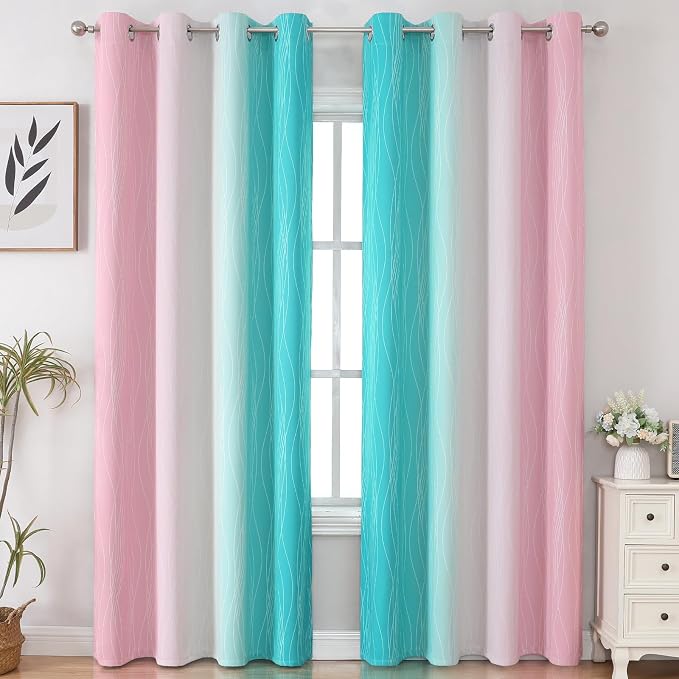 Pink and Teal Ombre Blackout Curtains 90 Inches Long 2 Panels Set, Thermal - Image 2