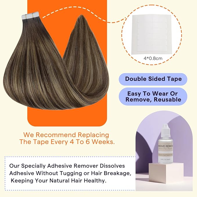 Full Shine Tape in Hair Extensions Human Hair 12 Inch Human Hair Extensions Tape Ins Color 4 Brown Fading to 24 Honey Blonde Highlight 4 Brown 20Pcs 30Gram Double Sided Remy Extensions Add Volume