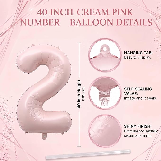 Baby Pink Number 2 Balloon 40 Inch, Pastel Rose Foil Theme Party Supplies | - Image 4