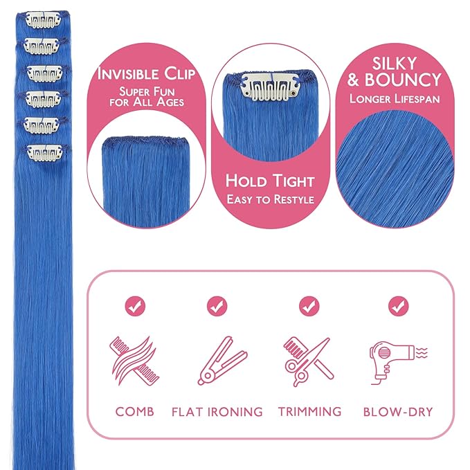 WENNALIFE Blue Clip in Hair Extensions Real Human Hair 35g 6pcs 22 Inch Colored Hair Extensions for Kids Women Colorful Hair Pieces Pop-up Style Straight Extensiones De Cabello Humano Con Clip