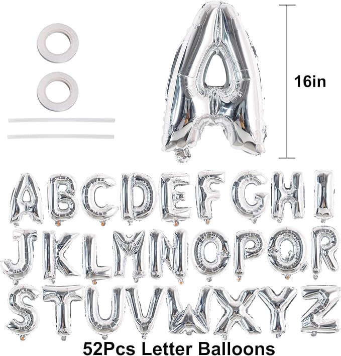 TONIFUL Fat Silver Letter Balloons 2 Set 16 Inch A-Z Custom Alphabet Banner | - Image 2