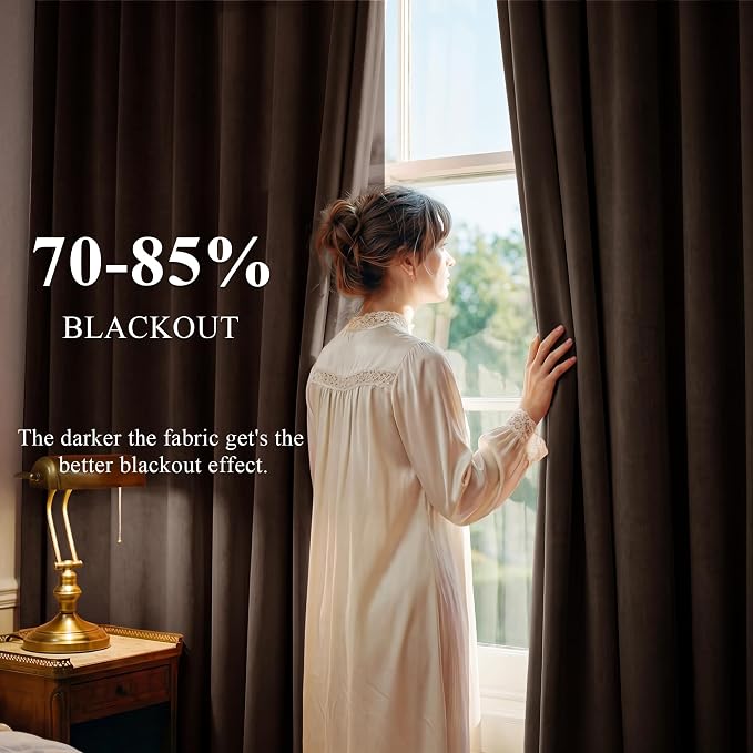 Brown Velvet Curtains Blackout for Living Room, W52 x L84, 2 Panels | Room - Image 3