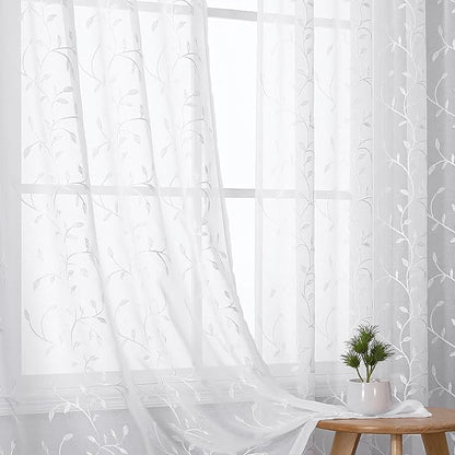 White Sheer Curtains Leaf Embroidery Linen 96 Inches Long | Light Filtering by VISIONTEX