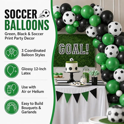 Football Balloons, 12 Inch Green Black White Latex Soccer Printed Balloons - Image 2
