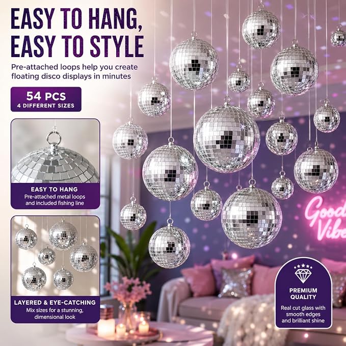Youdepot 54PCS Mini Silver Disco Balls Hanging Disco Ball Ornaments | - Image 4