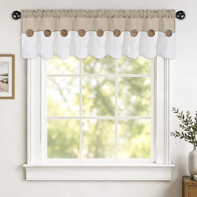 Farmhouse Valance Curtains, Boho Cotton Linen Kitchen Valance, Rustic Button - Image 2