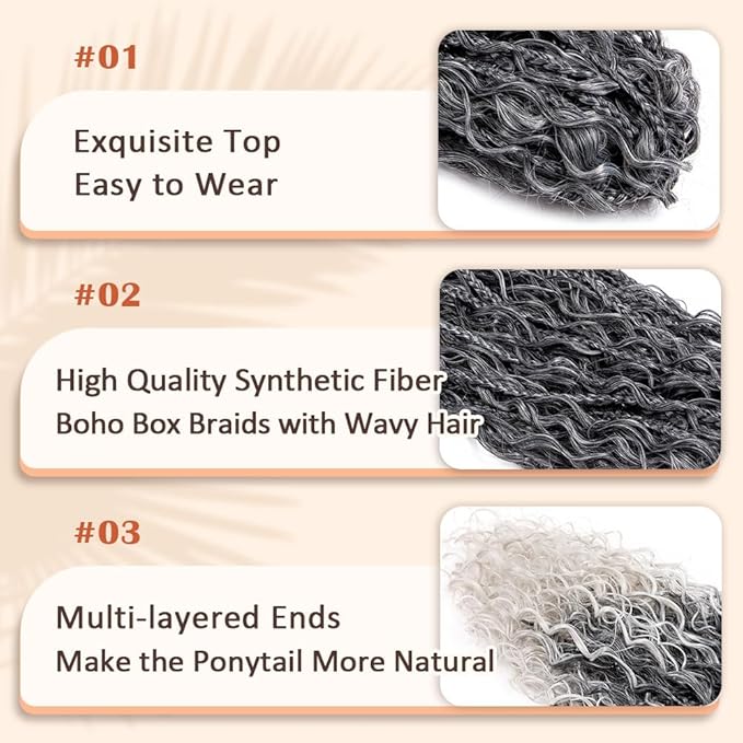 Drawstring Ponytail for Women 24 inch Boho Braids with Long Wavy Hair Clip in Ponytail Extension Synthetic Hair Extensions Ponytail for Daily Use (T1B/Grey#, 24 Inch)