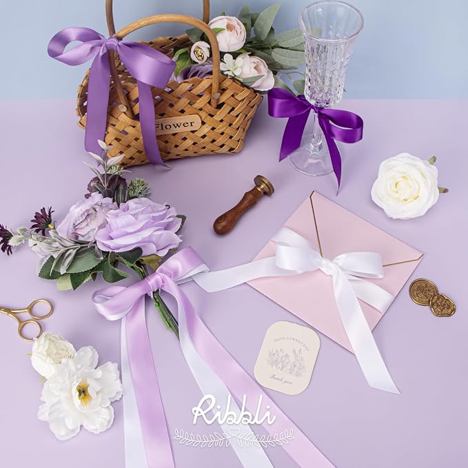 Ribbli Purple Satin Ribbon 1 Inch x 4 Rolls Total 40 Yards-White Lavender - Image 3