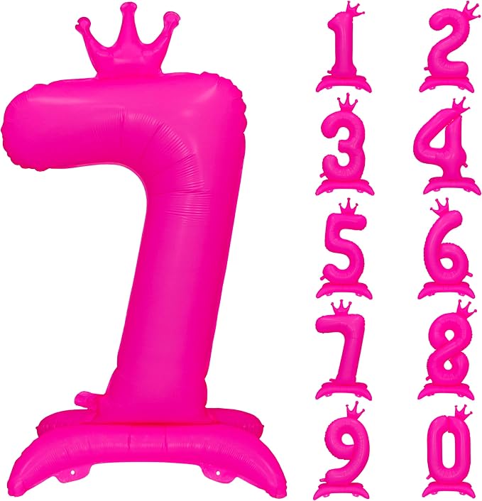 Fluorescent Pink Crown Number 7 Foil Balloon Neon Glow In The Dark Balloon | by YOIOZAIZAI