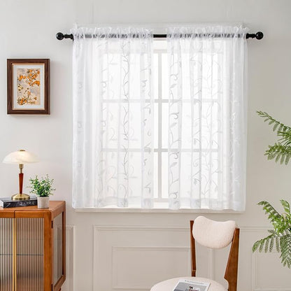 White Sheer Curtains Embroidered Leaves 2 Panels 54Wx54L | Light Filtering by VISIONTEX