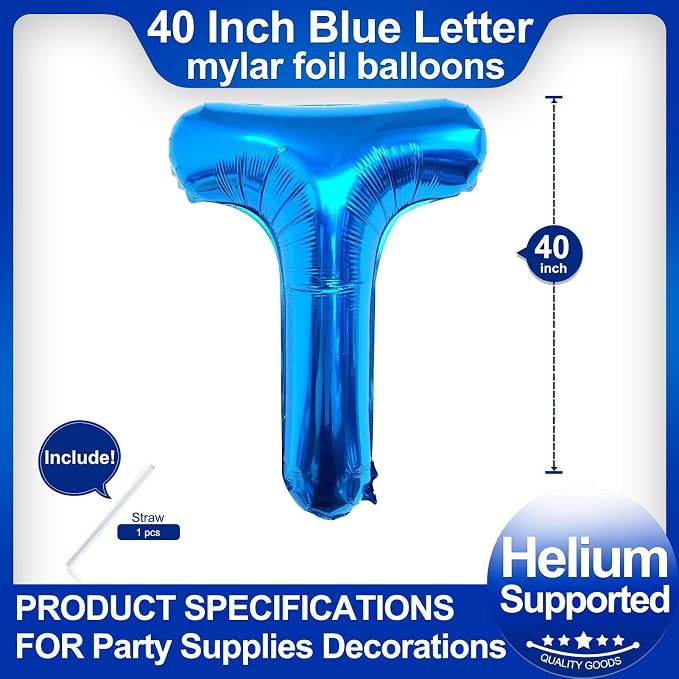 40 Inch Blue Letter T Balloons, DIY Phrase Foil Alphabet Letter T Balloons DIY - Image 2